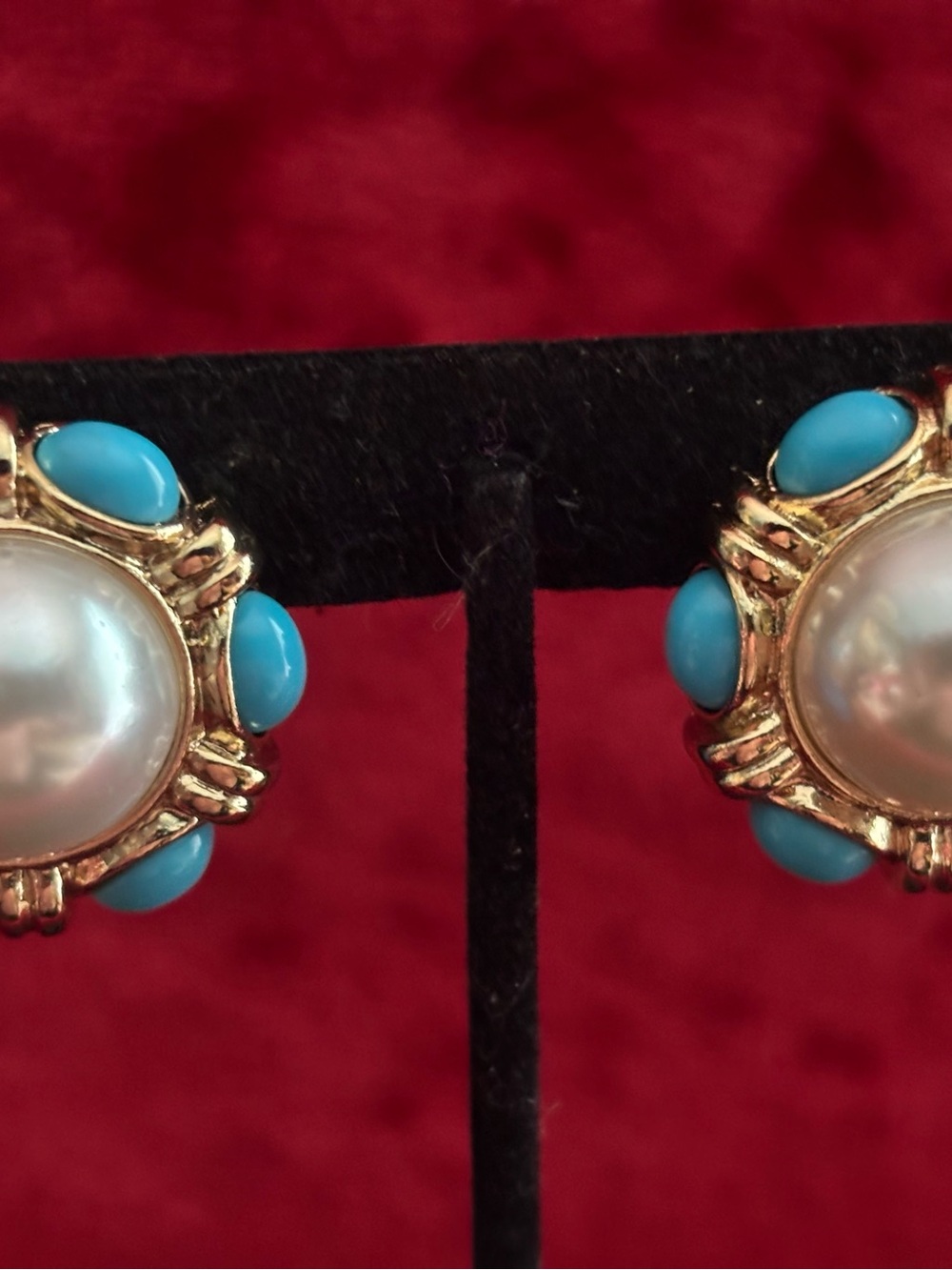 Gold-Tone Faux Pearl Earrings with Turquoise Accents